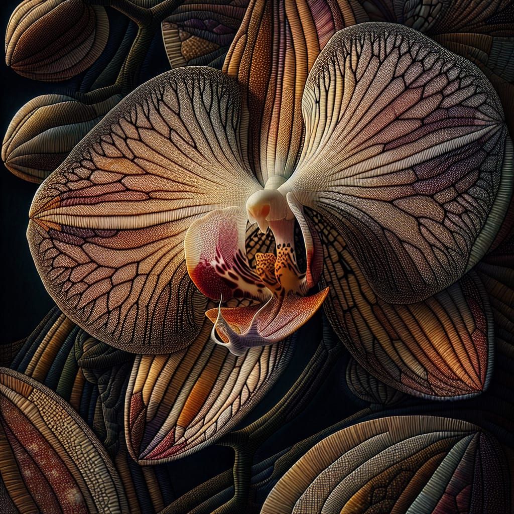 Quilted Orchid Macro in Ukiyo-e Style