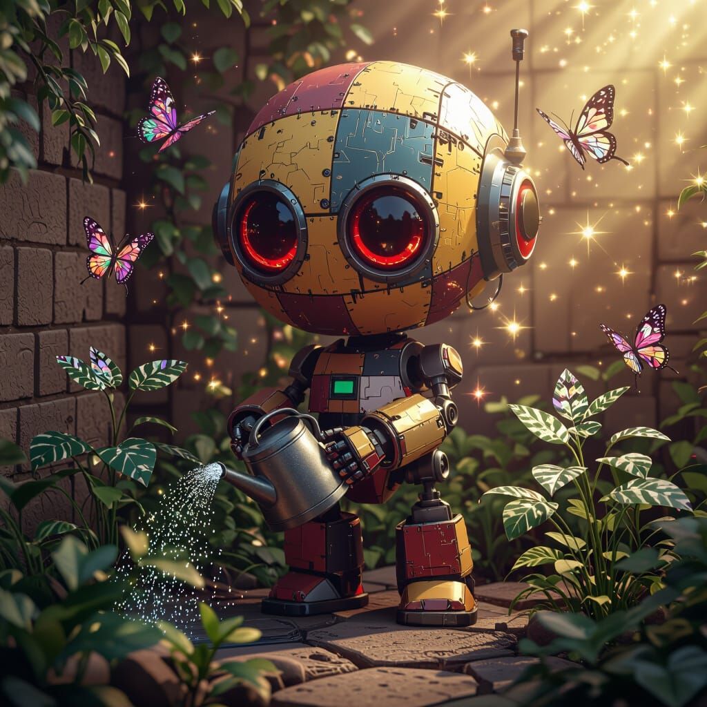 Adorable Chibi Robot in Cybernetic Garden, Oil Realism