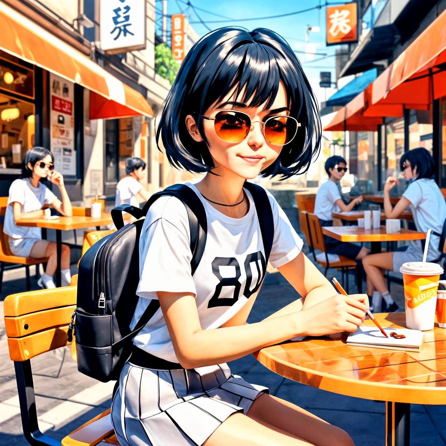 Anime Style Teenage Girl Smoking in Cafe