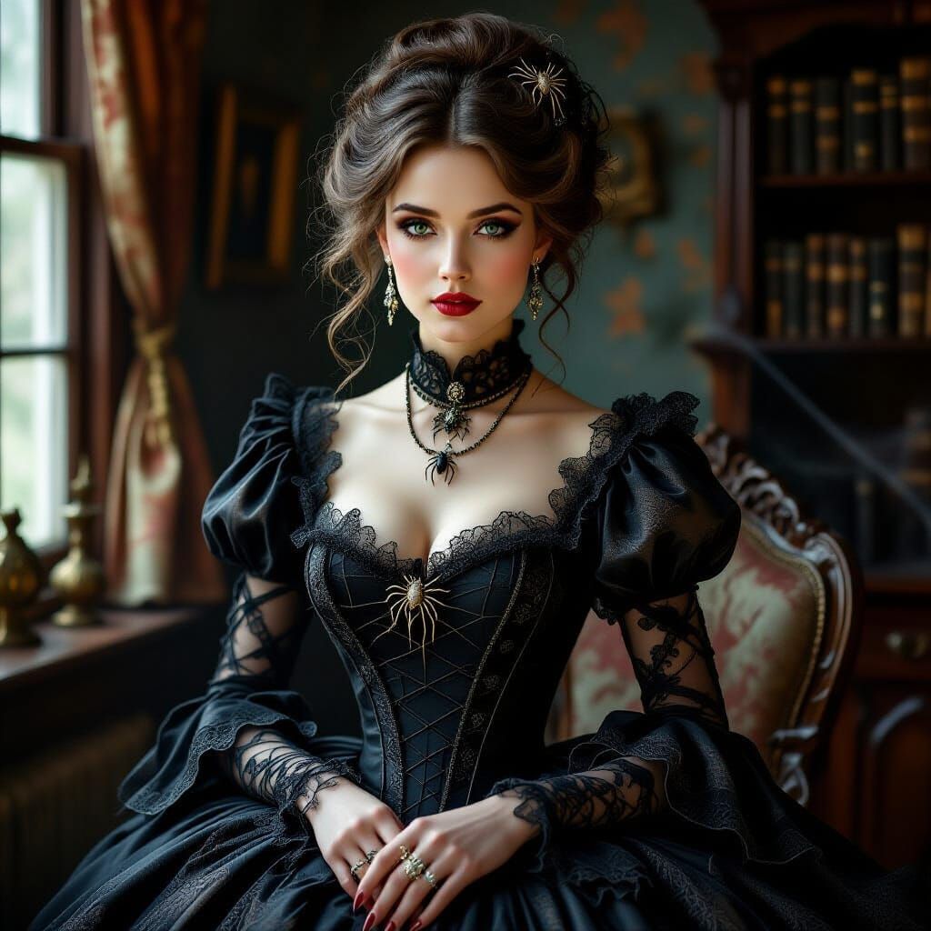 Victorian Woman in Spider Silk Dress Portrait