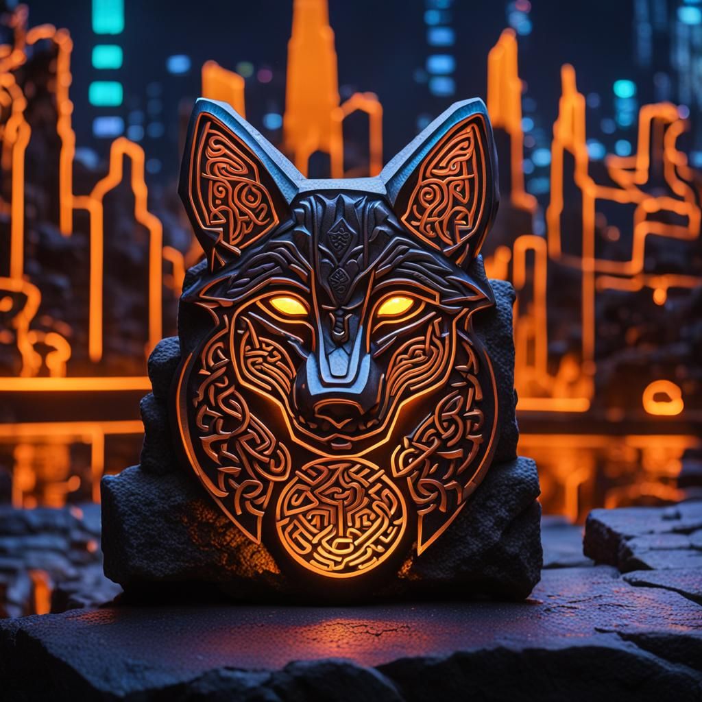 Celtic Fox Bas-Relief in Cyberpunk Style