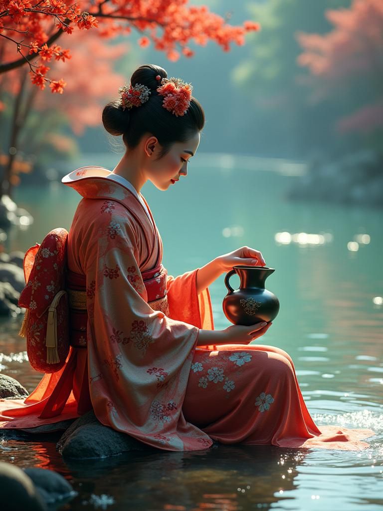 Geisha Filling Jug by River: Detailed Matte Painting