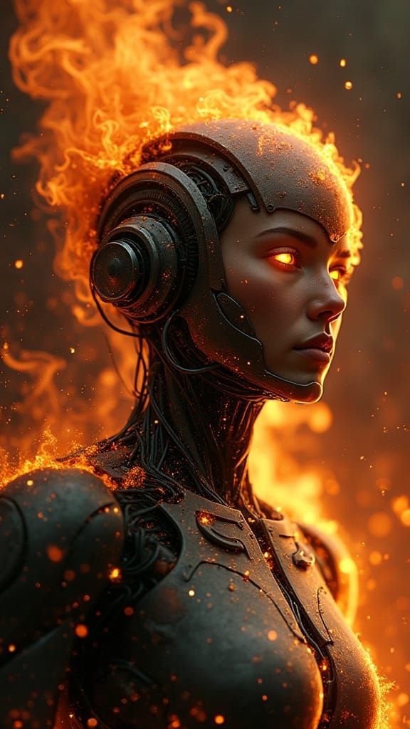 Cyborg Warrior Rises from Living Flame in a Sci-Fi Fantasy M...