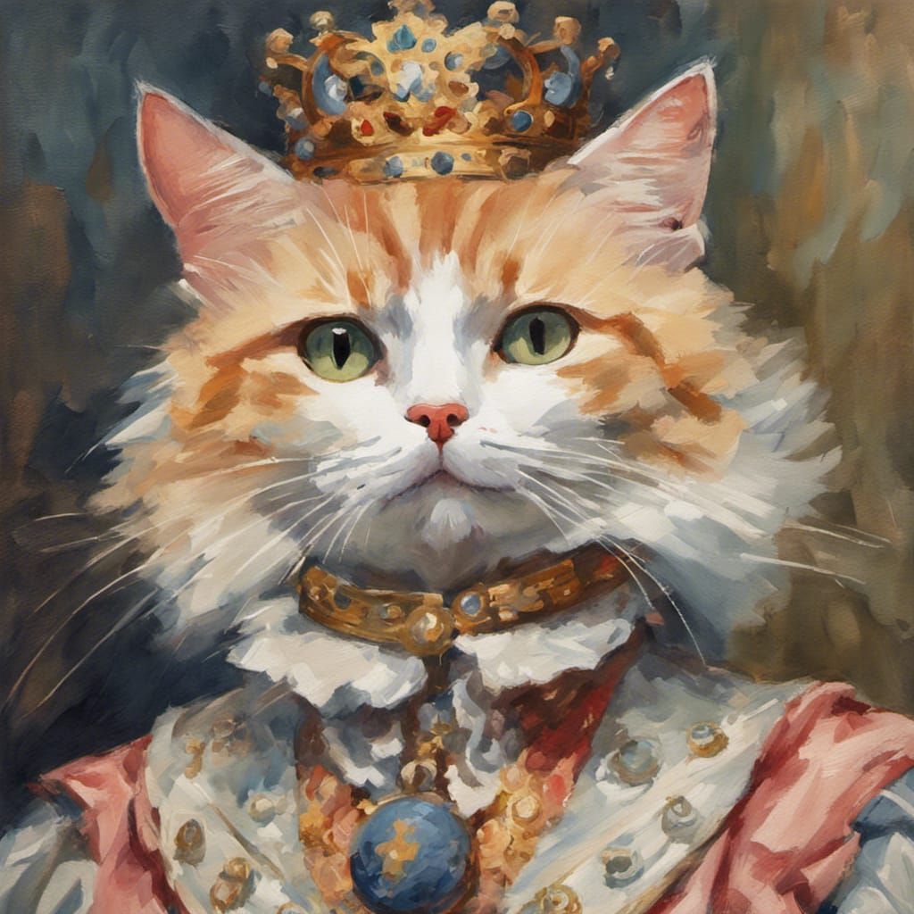 Cat in Royal Outfit: Gouache Impressionist Painting