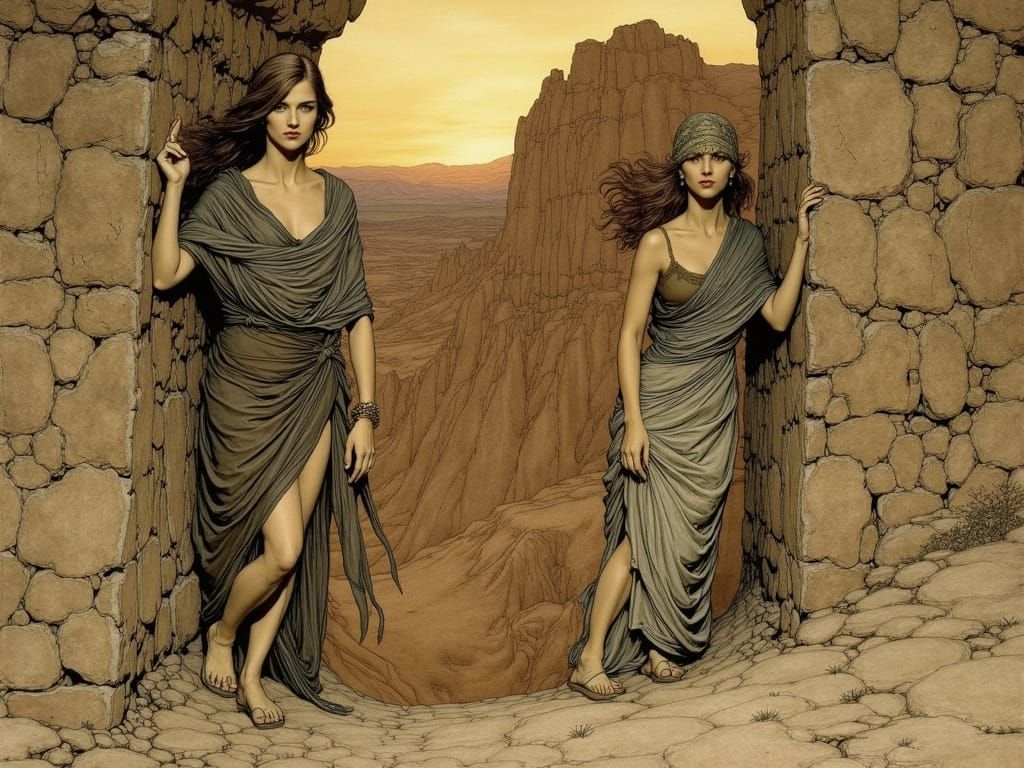 Arthur Rackham Style: Women in a Desert Valley