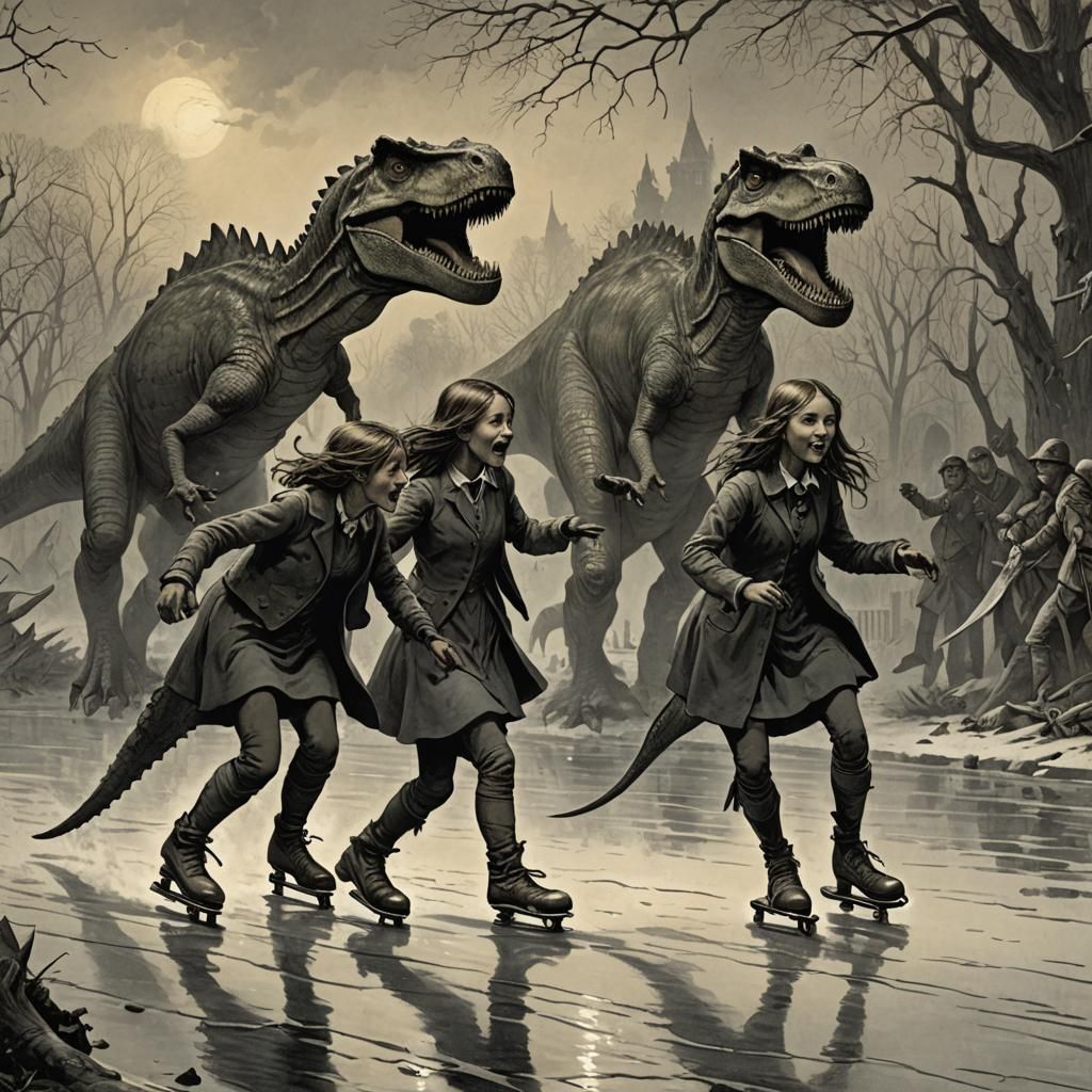 Dinosaur Attack: Girls Skating in a Horror Scene