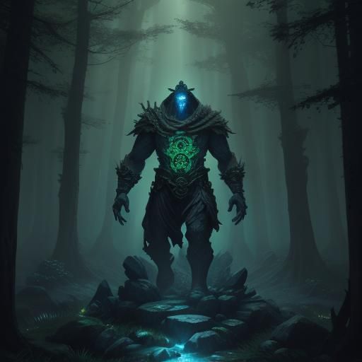 Stone Golem in Mystical Forest: Dark Fantasy Art