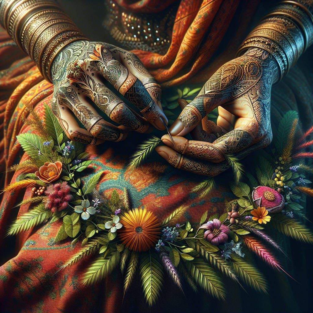 Intricate Hands Weaving a Floral Wreath