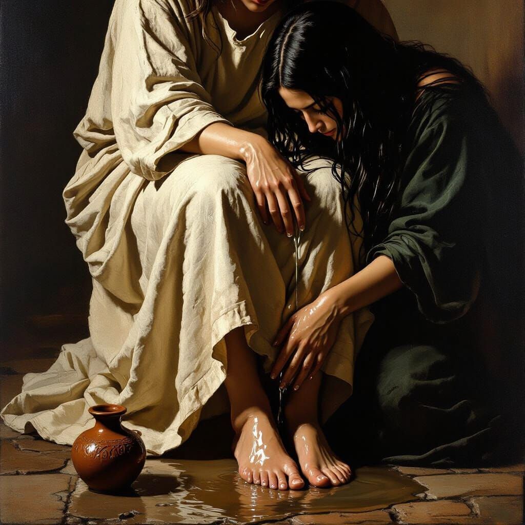 Mary Washes Jesus' Feet in Dramatic Chiaroscuro