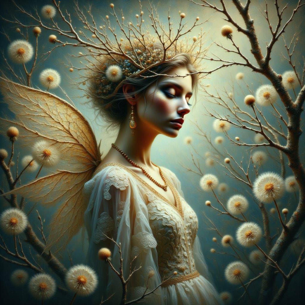 Faery in Alien Forest of Bioluminescent Dandelions