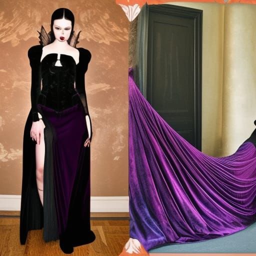 Dark purple gothic met gala dress made of dark purple velvet& black accents& beautiful long flowing skirt& long Bell sle...