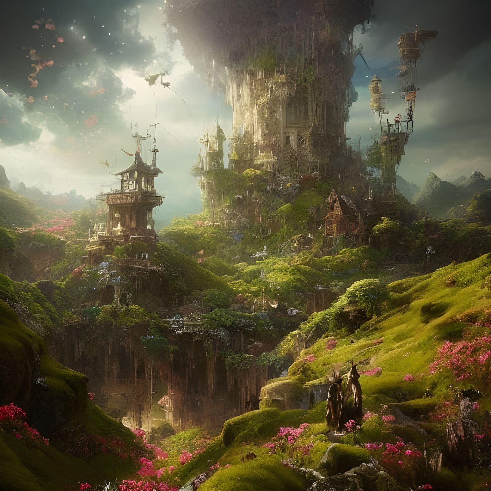 Epic Fantasy Landscape Illustration in Cyberpunk Style