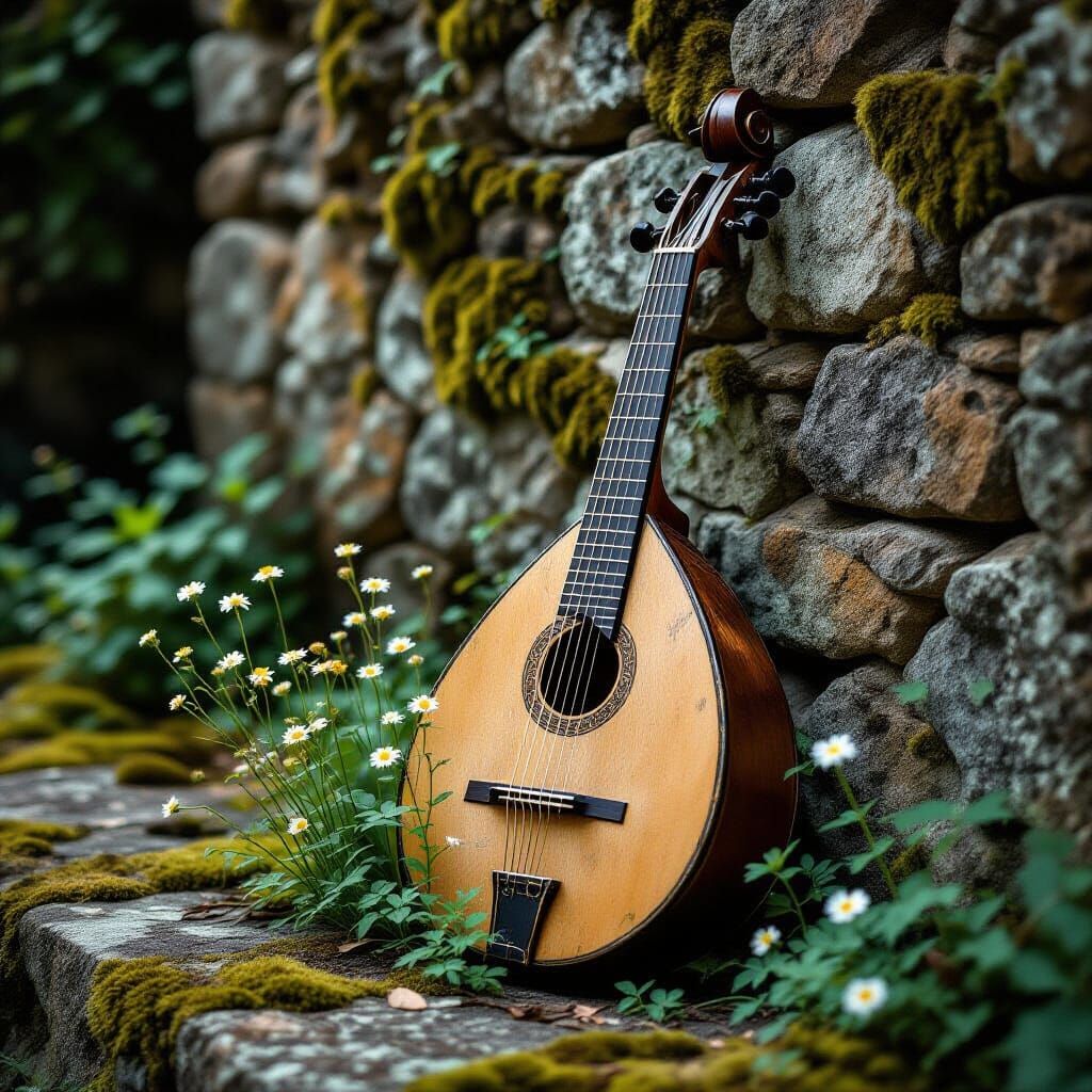 Weathered Lute Against Mossy Wall in Forgotten Garden