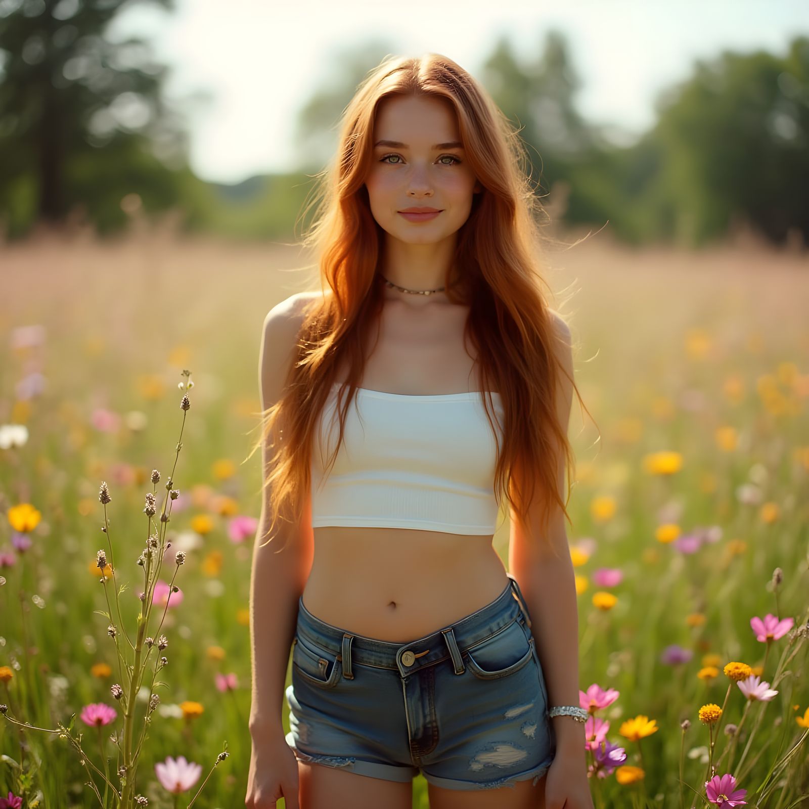 Confident Teen Girl in Vibrant Meadow Landscape