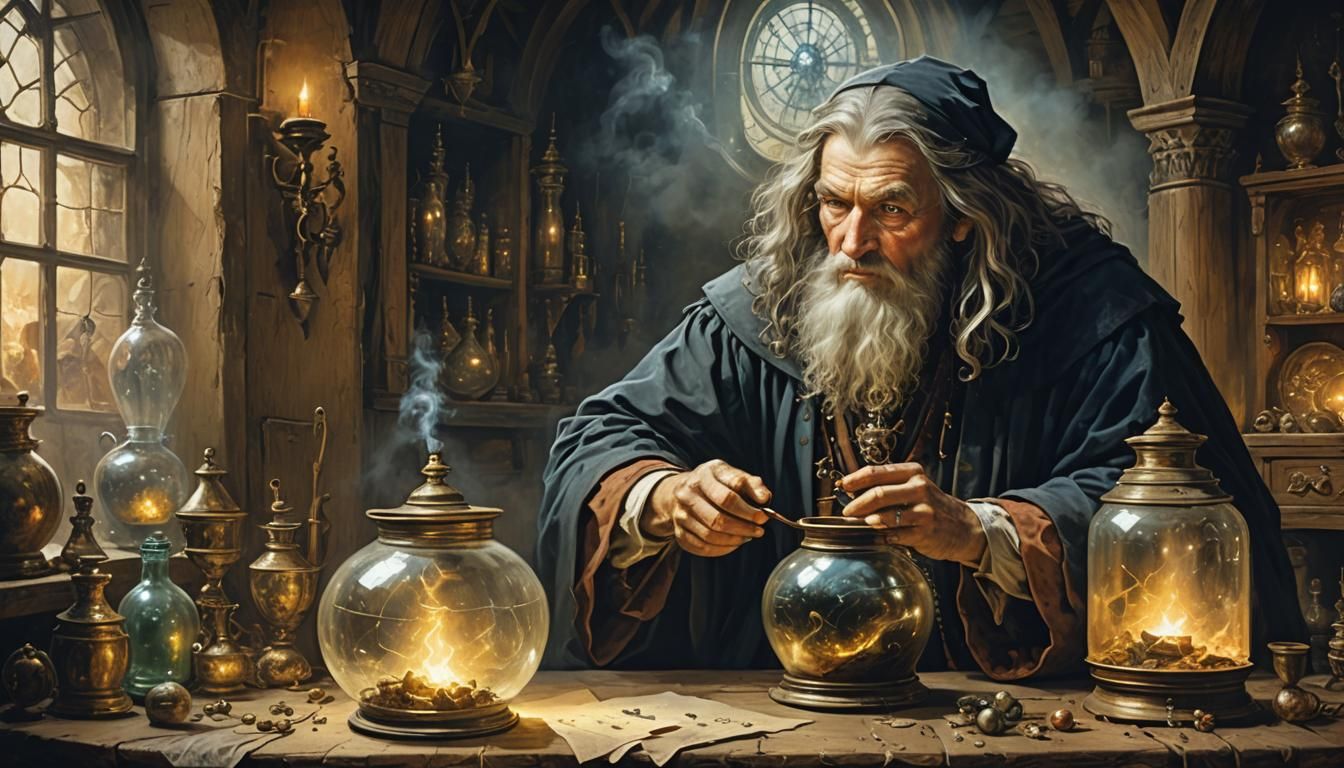 Wizard Alchemist Studies Charm Spell, Oil Painting Style