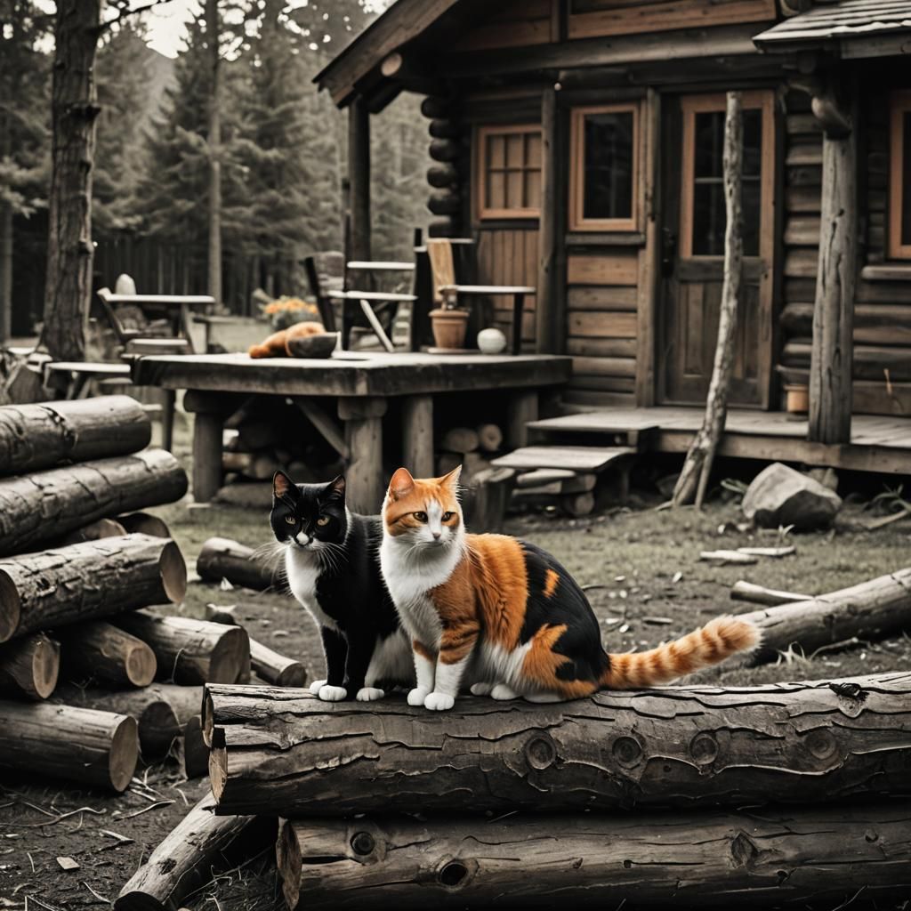 Cats in a Log Cabin Backyard