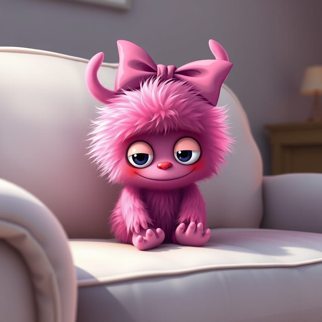 Shy Pink Monster with Bow on Couch