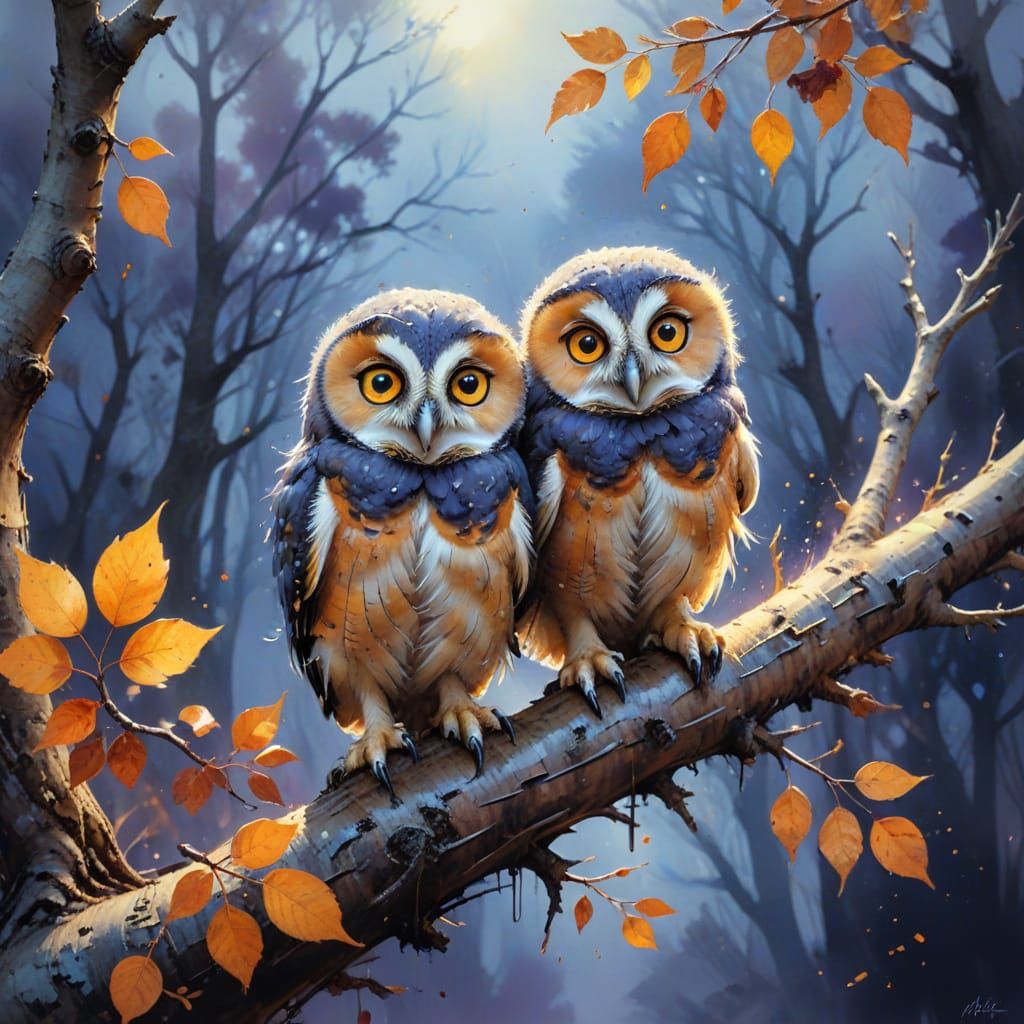 Baby Owlets on Branch in Expressive Watercolor Style