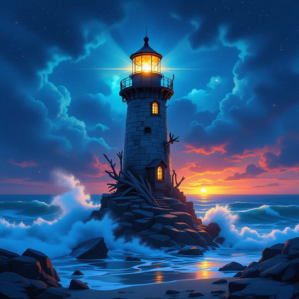 Ethereal Crystal Lighthouse in Starry Ocean