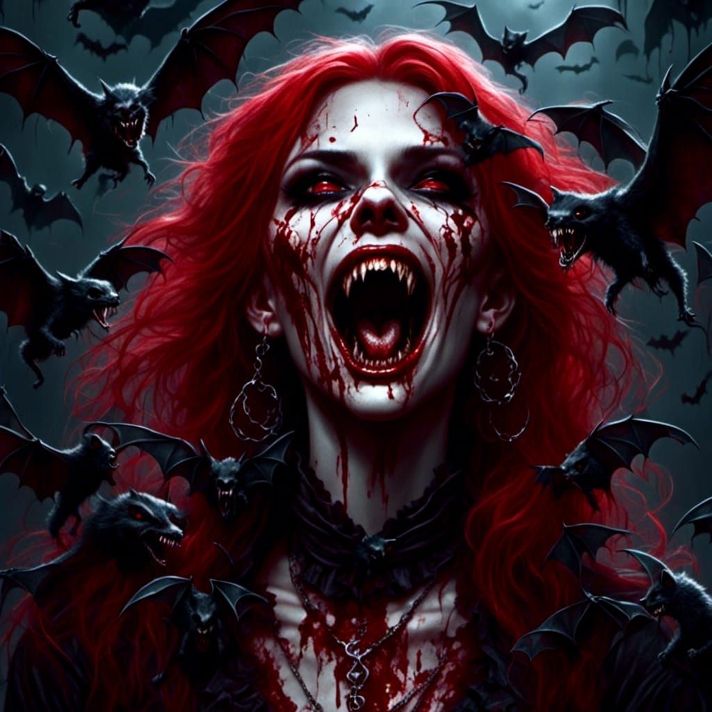 Gorgeous Vampire Girl Laughing in Rococo Horrorcore Style