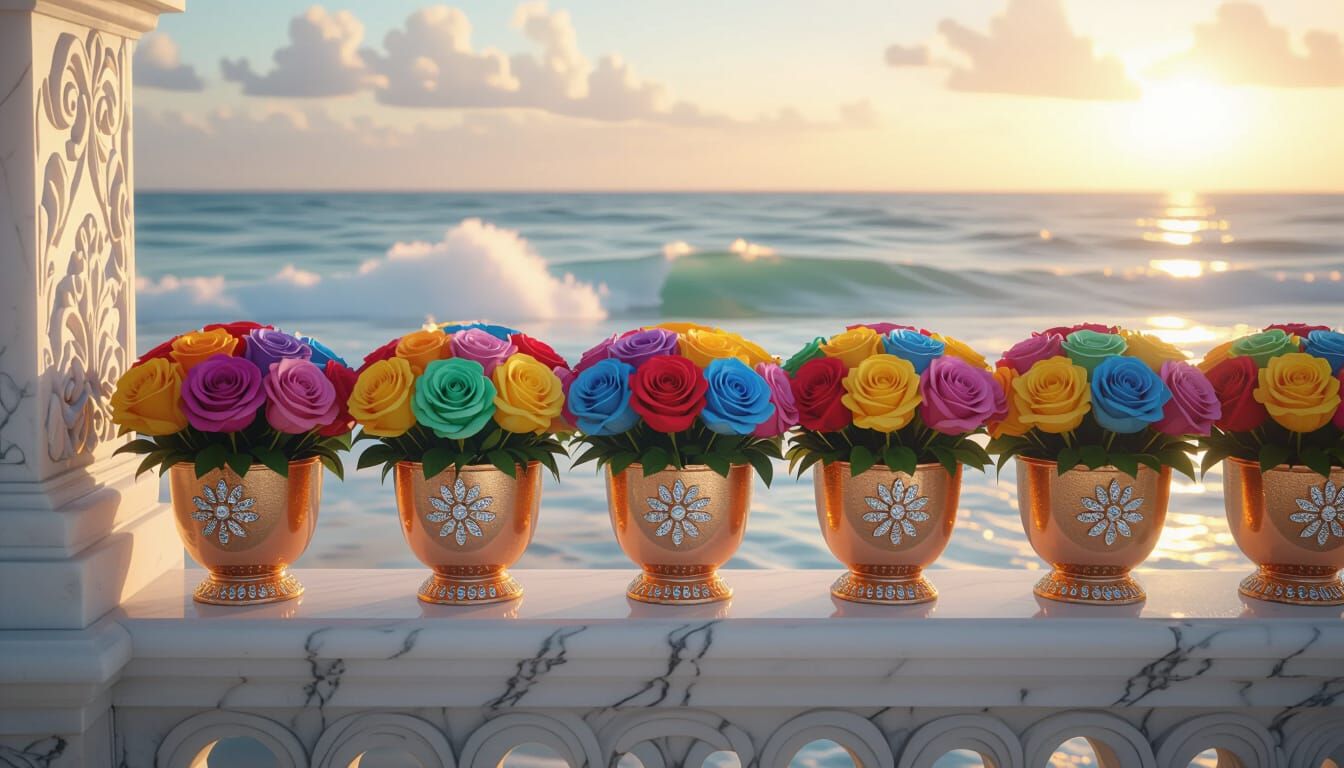 Ornate Marble Wall with Rainbow Roses in Watercolor Style