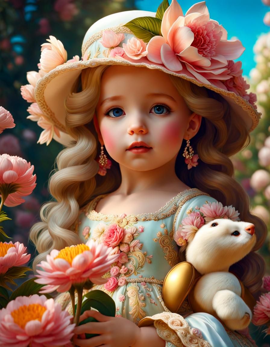 Baby Girl with Doll in Rococo Flower Garden