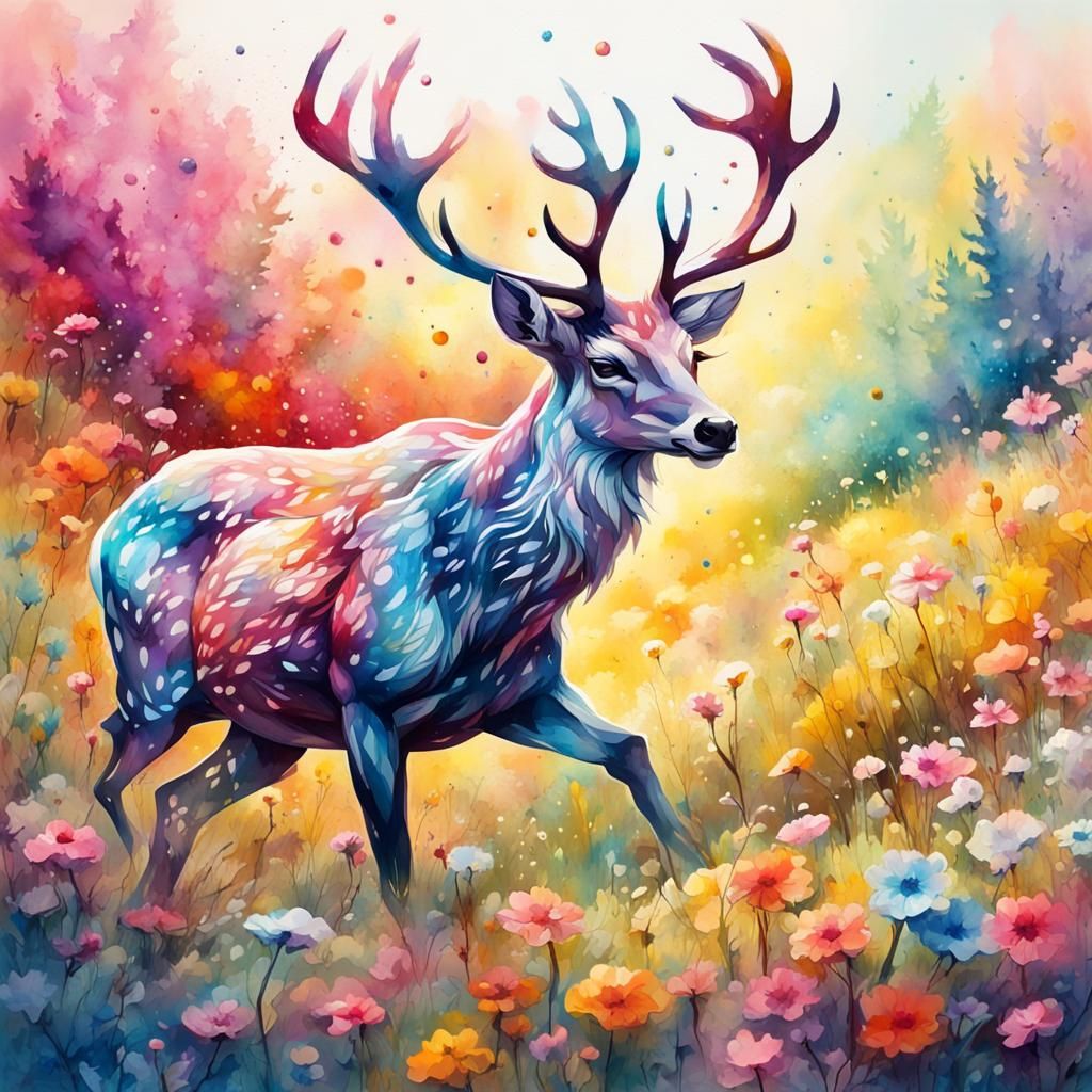 Shimmering Deer in Flowery Meadow, Abstract Watercolor