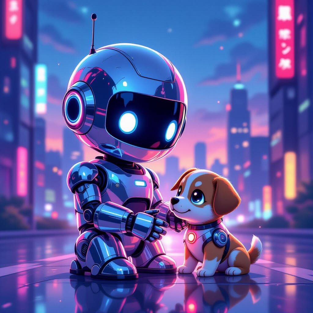 Anime Robot Plays With Metallic Puppy in Neon City