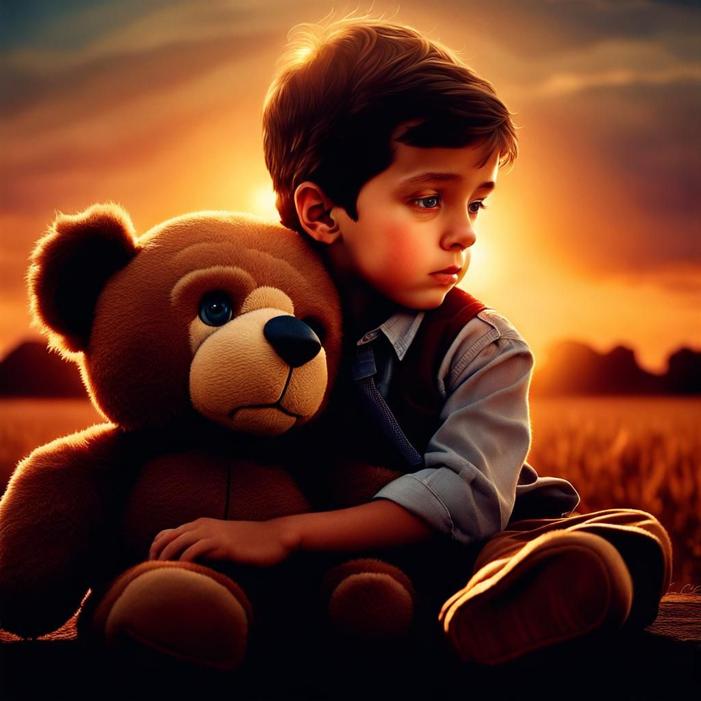 Boy and Teddy Bear Watch Sunset: Pixar Style