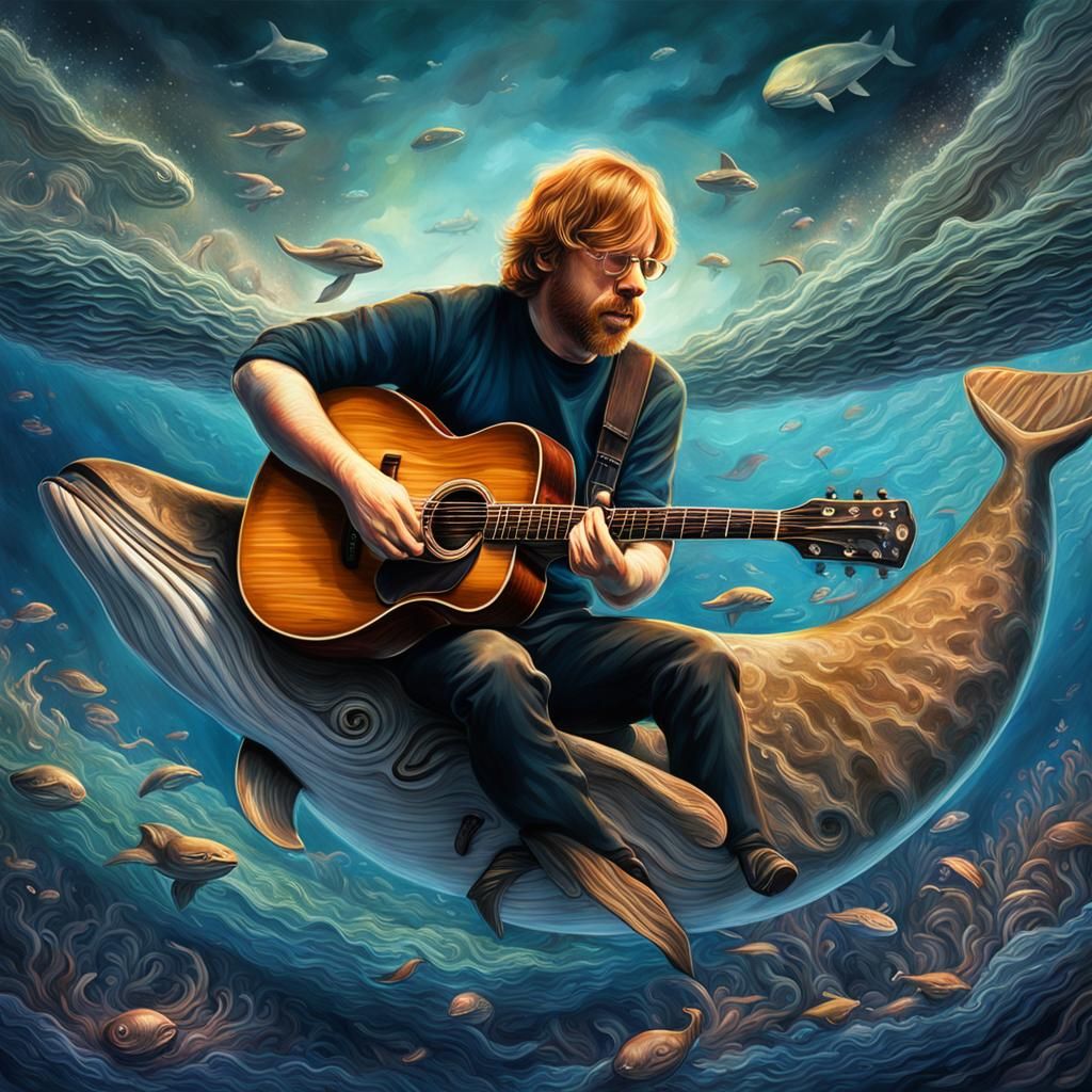 Musician Rides Whale: Hyperrealistic Digital Art