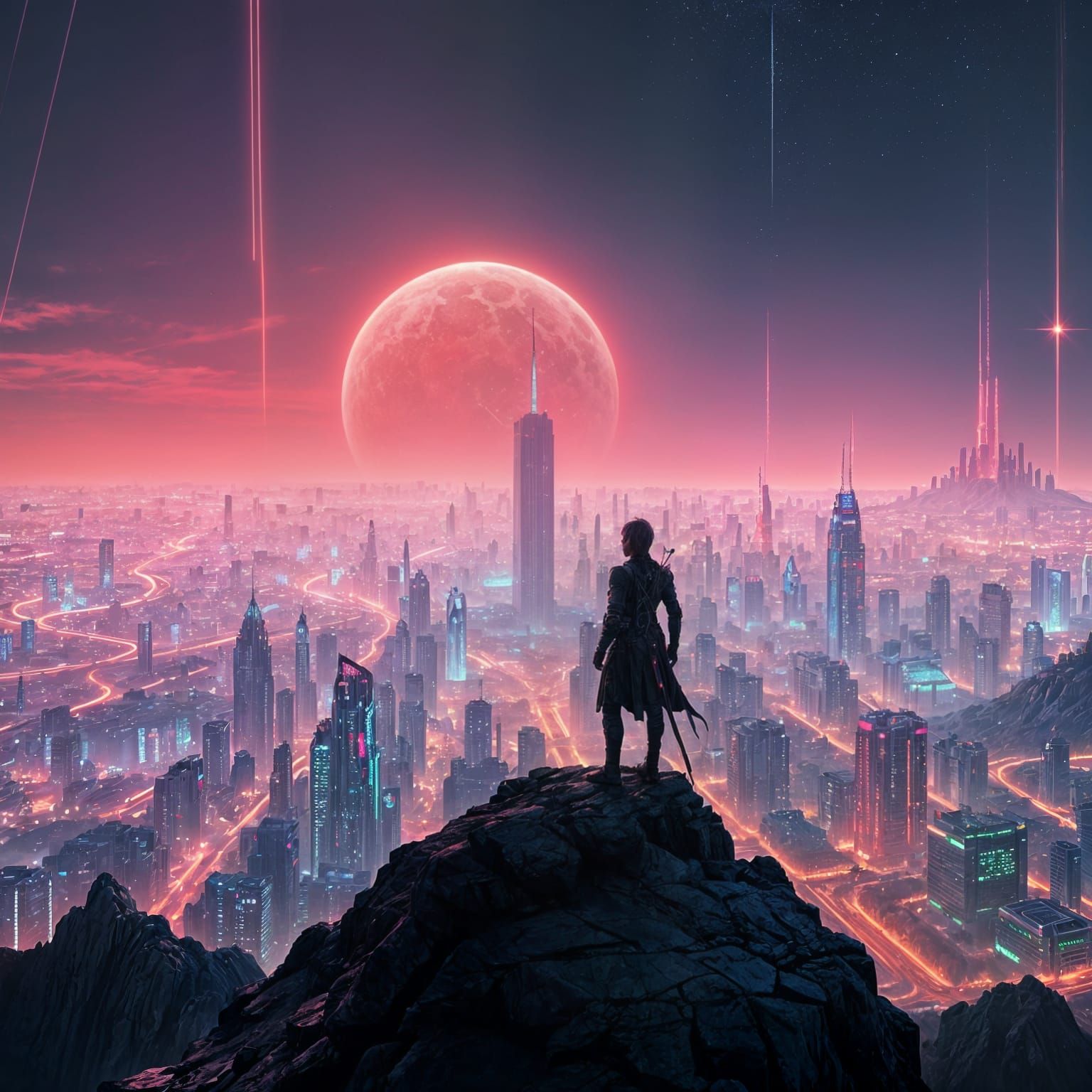 Cyberpunk Cityscape with Lone Figure: 8K Masterpiece