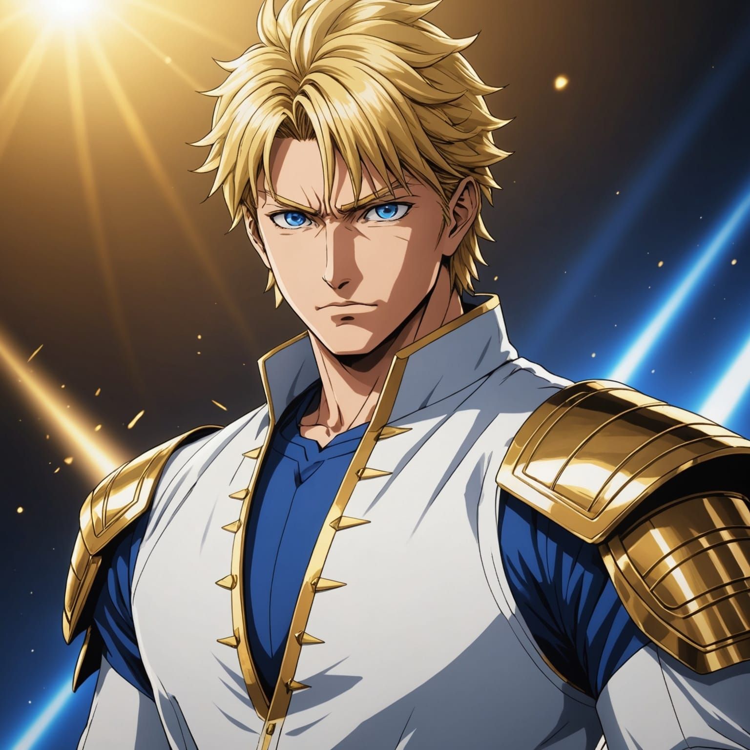 Stern Blond Man in White and Gold Anime Style
