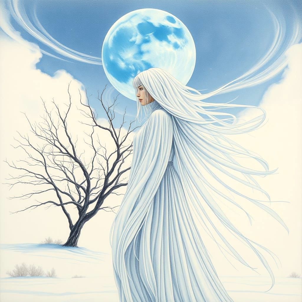 Lonely Tree with Woman in Flowing Veils