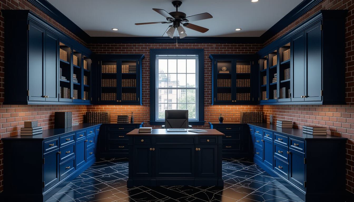 Vibrant Victorian Working Room with Dark Blue Cabinets