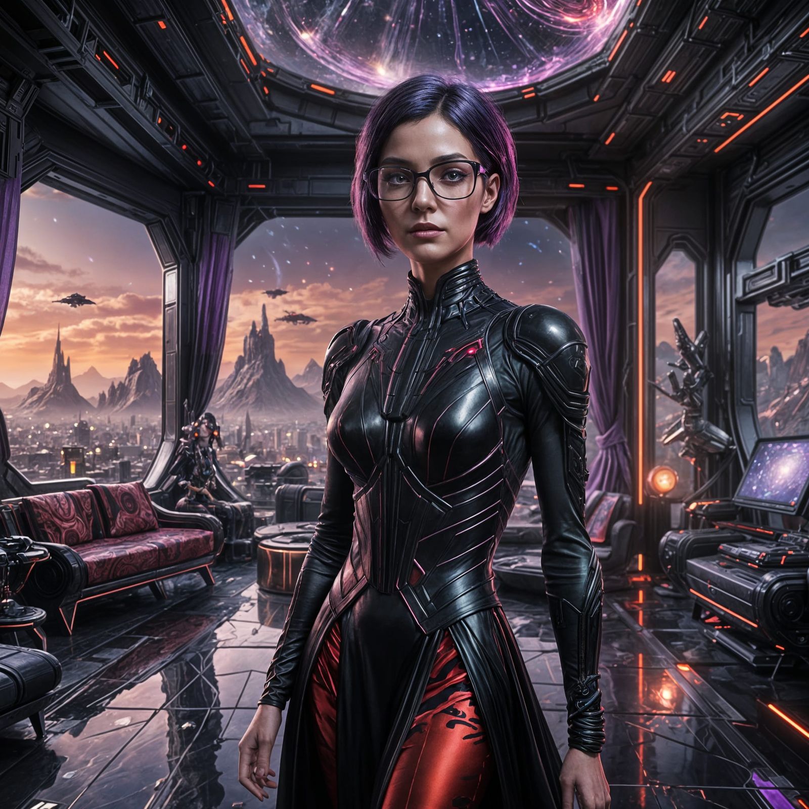 Beautiful Alien Woman in High-Tech Living Room