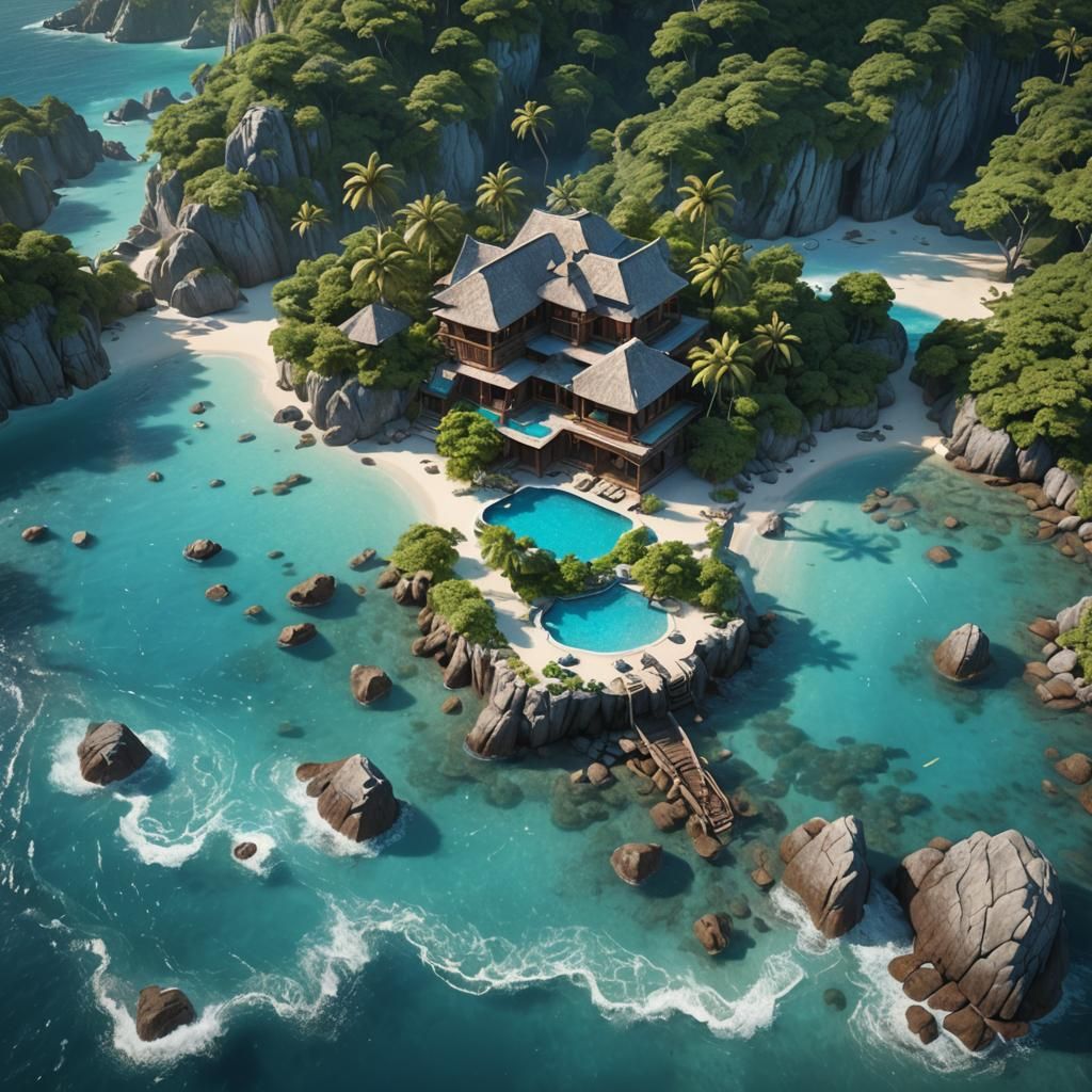 Secluded Island Villa with Turquoise Water, Fantasy Art