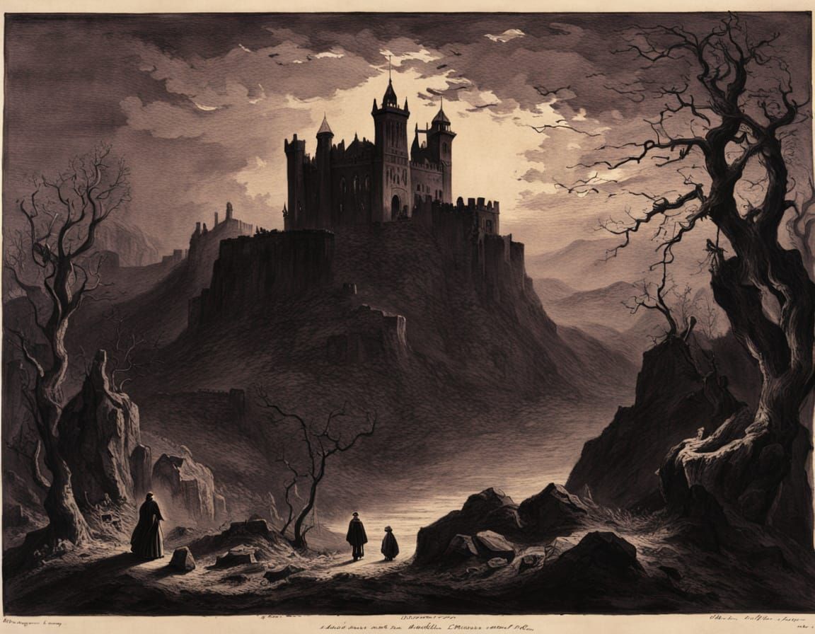 Arcane Lithograph of a Dark Castle on a Cliff
