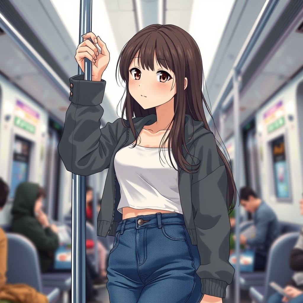 Young Woman on Train: Detailed Portrait