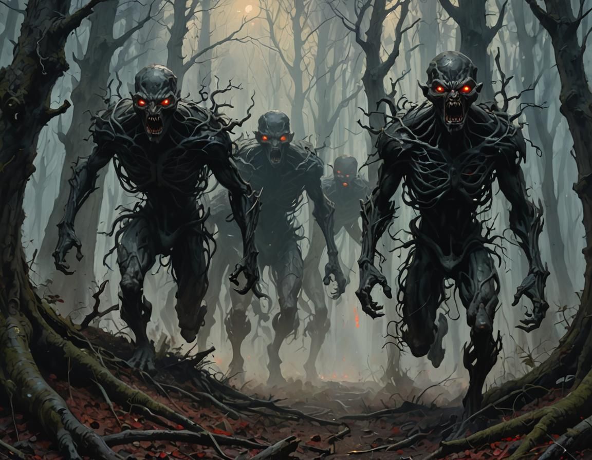 Eerie Humanoids Charge in Dark Forest, Ominous Art