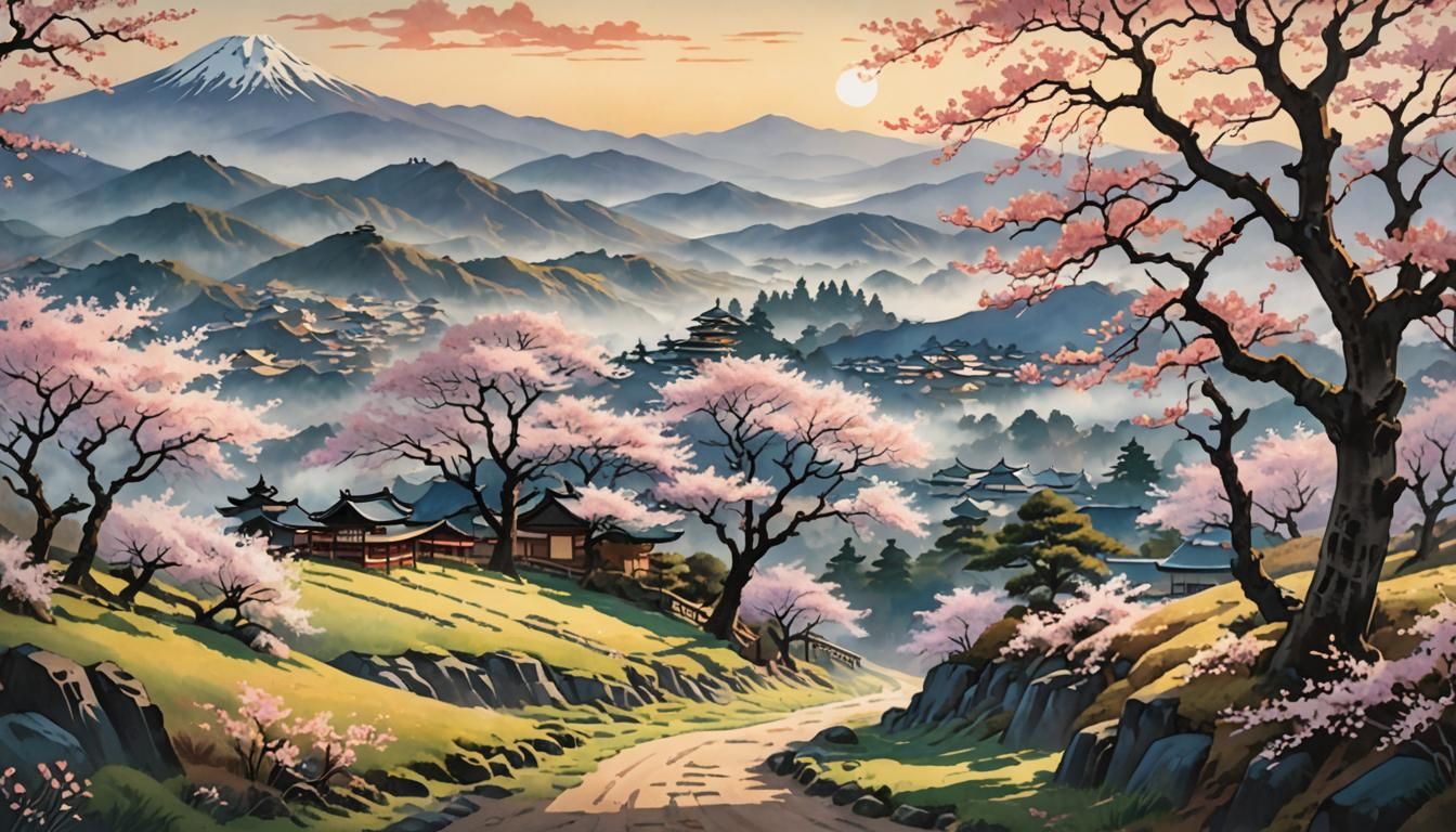 Serene Japanese Cherry Blossom Landscape in Ukiyo-e Style