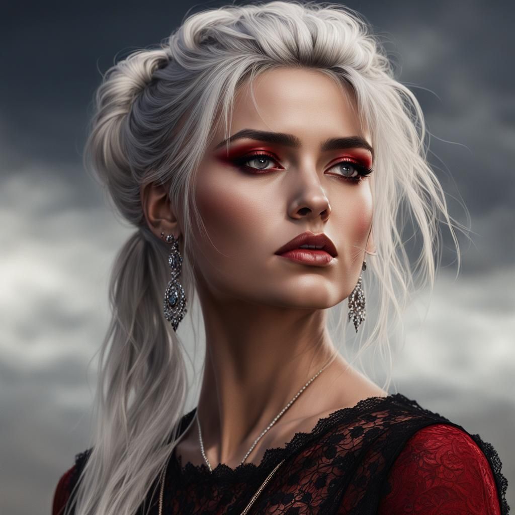 Contemplative Woman with Silver Hair, Photorealistic Render