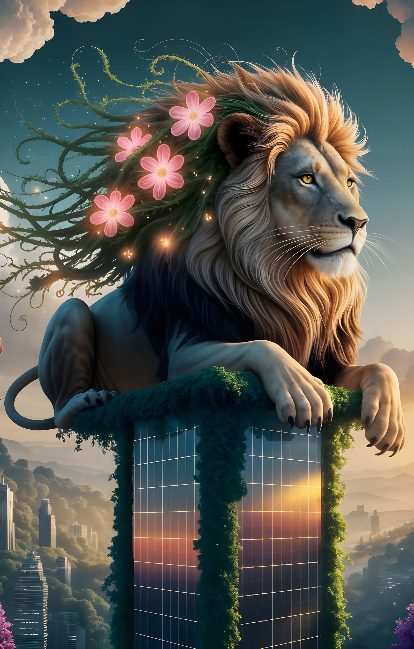 Surreal Solarpunk Lion Surveys Vibrant City from Solar-Power...