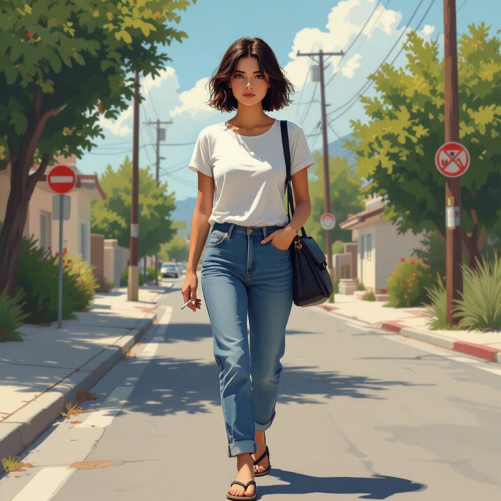 Woman Walks Quiet Street in Matte Painting Style