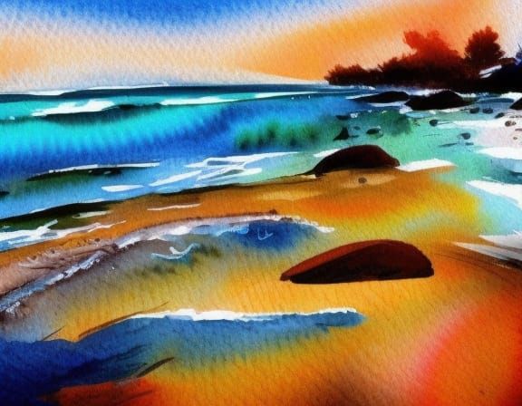 Watercolor Beach Scene with Seashells and Waves