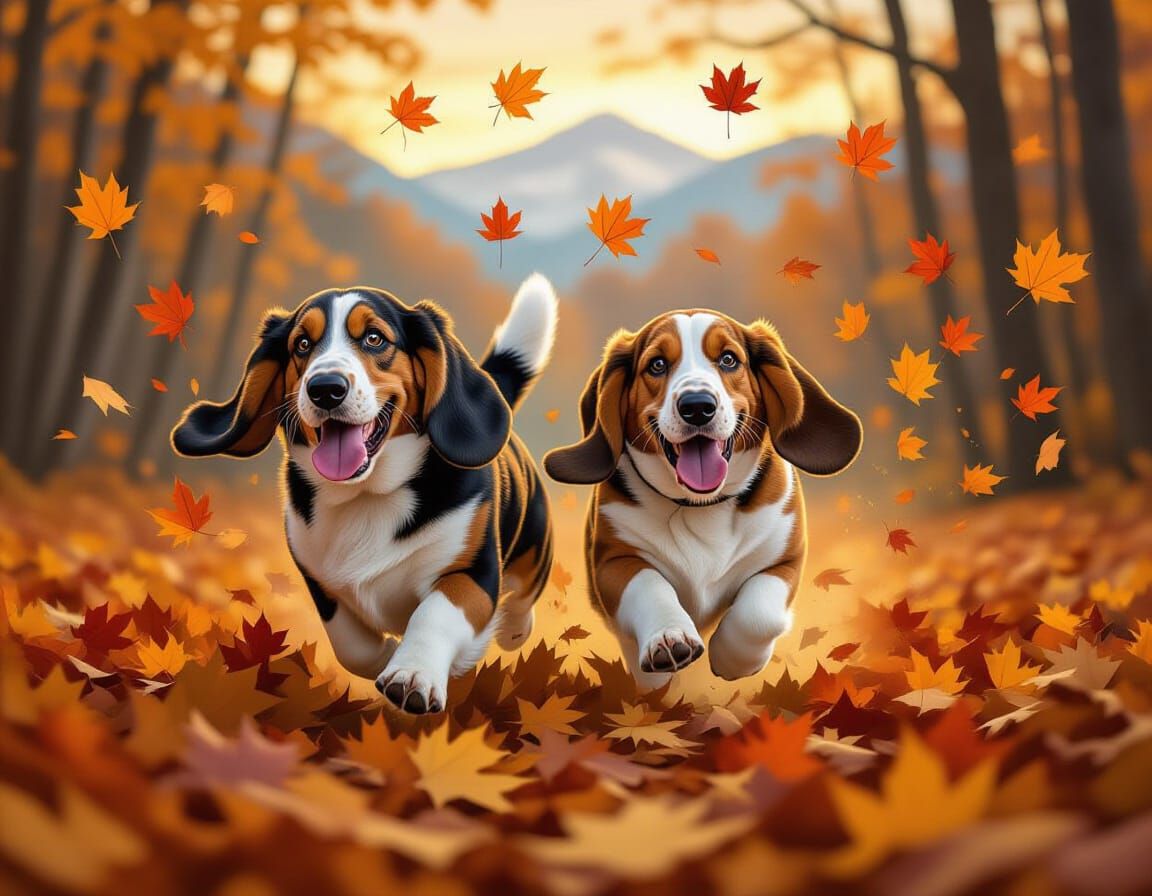 Basset Hounds Running Through Autumn Leaves in Leroy Neiman ...