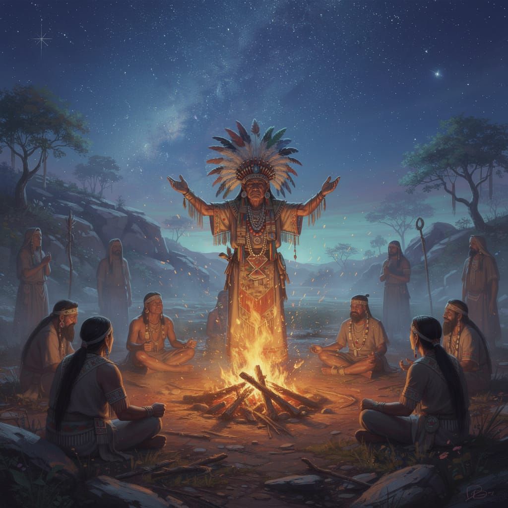 Indigenous Elder Leads Sacred Fire Ceremony Under Starry Sky