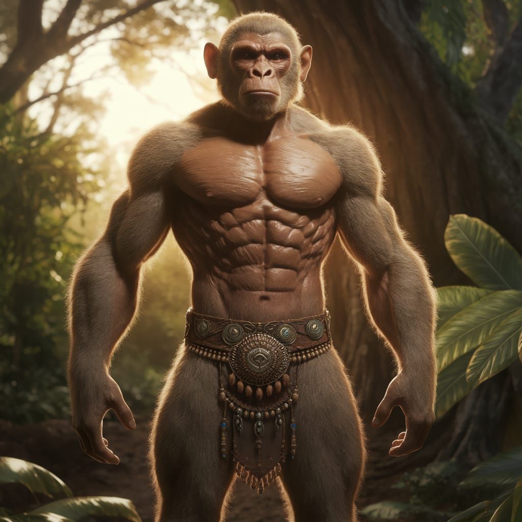 Muscular Monkey Man in Vibrant Jungle Landscape