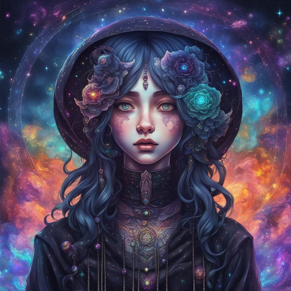 Oiled Anime Goth Girl: Holographic Cosmic Illustration