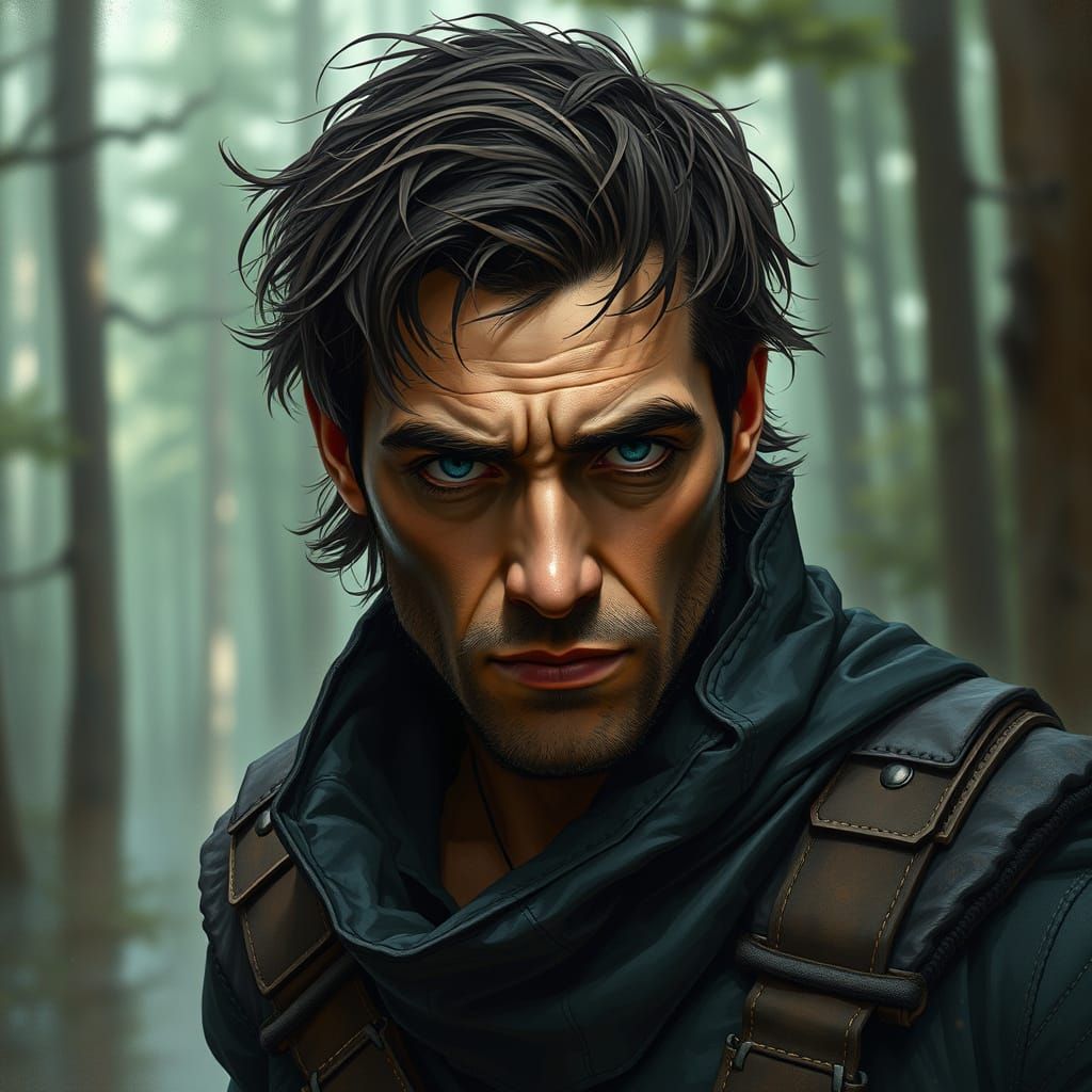Intense Man in Forest, Digital Painting Style