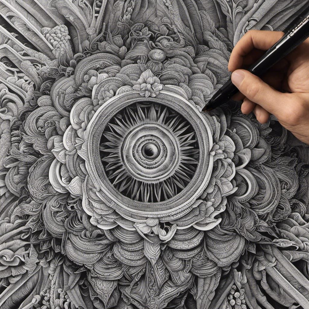 Detailed Optical Illusion in Doodle Ink Drawing
